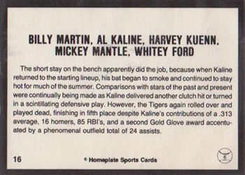 1983 Al Kaline Story #16 Billy Martin / Al Kaline / Harvey Kuenn / Mickey Mantle / Whitey Ford Back