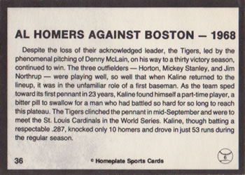 1983 Al Kaline Story #36 Al Homers Against Boston - 1968 Back
