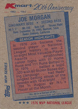 1982 Topps Kmart 20th Anniversary #30 Joe Morgan Back