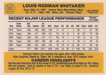 1983 Donruss #333 Lou Whitaker Back