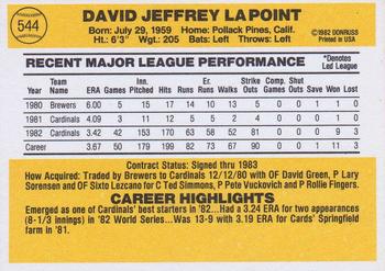 1983 Donruss #544 Dave LaPoint Back