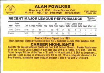 1983 Donruss #46 Alan Fowlkes Back