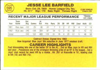 1983 Donruss #595 Jesse Barfield Back