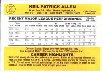 1983 Donruss #98 Neil Allen Back