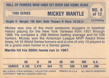 1986 Big League Chew Home Run Legends #6 Mickey Mantle Back