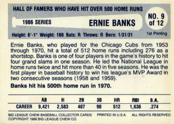 1986 Big League Chew Home Run Legends #9 Ernie Banks Back