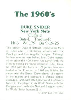 1981 TCMA The 1960's II #363 Duke Snider Back