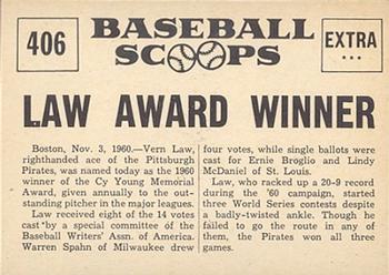 1961 Nu-Cards Baseball Scoops #406 Vern Law   Back