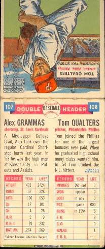 1955 Topps Double Header #107-108 Alex Grammas / Tom Qualters Back