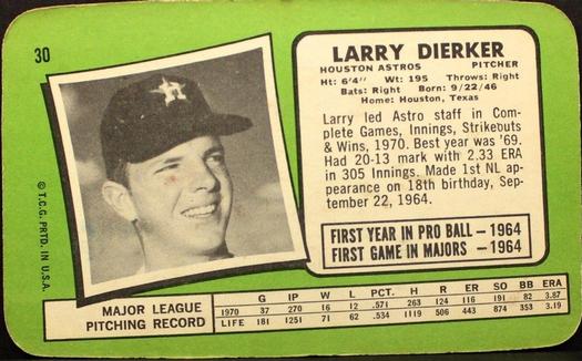 1971 Topps Super #30 Larry Dierker Back