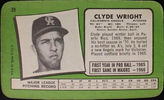 1971 Topps Super #39 Clyde Wright Back