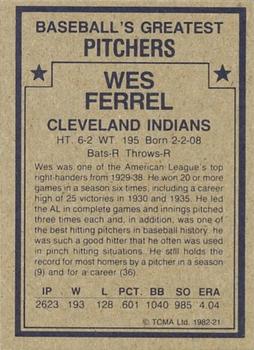 1982 TCMA Baseball's Greatest Pitchers (Tan Back) #21 Wes Ferrell Back