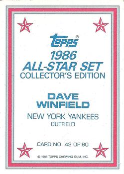 1986 Topps - 1986 All-Star Set Collector's Edition (Glossy Send-Ins) #42 Dave Winfield Back