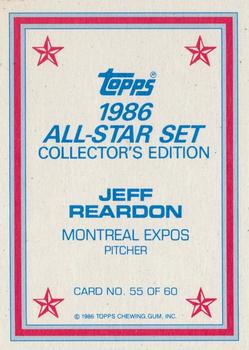 1986 Topps - 1986 All-Star Set Collector's Edition (Glossy Send-Ins) #55 Jeff Reardon Back