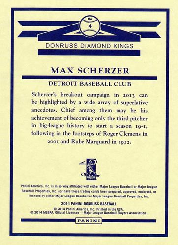 2014 Donruss - Diamond King Box Toppers #4 Max Scherzer Back
