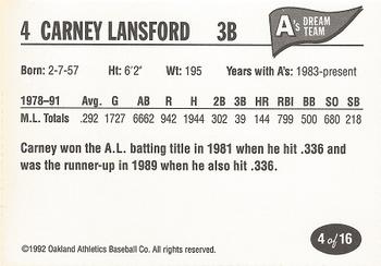 1992 Oakland Athletics Baseball Co. A's Dream Team #4 Carney Lansford Back