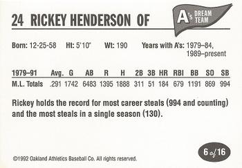 1992 Oakland Athletics Baseball Co. A's Dream Team #6 Rickey Henderson Back