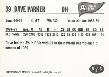 1992 Oakland Athletics Baseball Co. A's Dream Team #8 Dave Parker Back
