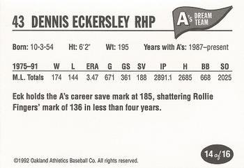 1992 Oakland Athletics Baseball Co. A's Dream Team #14 Dennis Eckersley Back