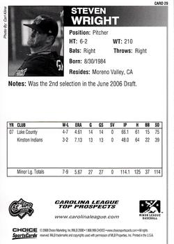 2008 Choice Carolina League Top Prospects #29 Steven Wright Back