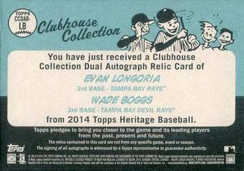 2014 Topps Heritage - Clubhouse Collection Dual Autograph Relics #CCDAR-LB Wade Boggs / Evan Longoria Back