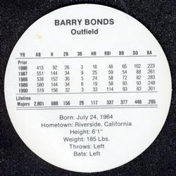 1991 Cadaco Discs #NNO Barry Bonds Back