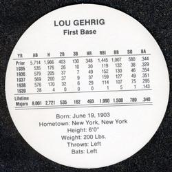 1991 Cadaco Discs #NNO Lou Gehrig Back