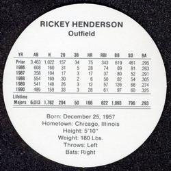 1991 Cadaco Discs #NNO Rickey Henderson Back