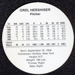 1991 Cadaco Discs #NNO Orel Hershiser Back