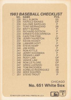 1983 Fleer #651 Checklist: Dodgers / White Sox Back