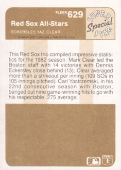 1983 Fleer #629 Red Sox All-Stars (Dennis Eckersley / Carl Yastrzemski / Mark Clear) Back