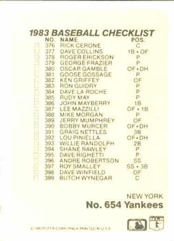 1983 Fleer #654 Checklist: Padres / Yankees Back