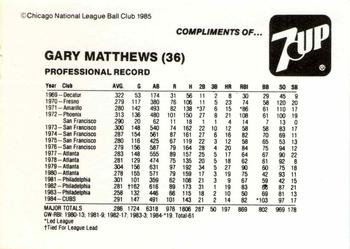 1985 7-Up Chicago Cubs #NNO Gary Matthews Back