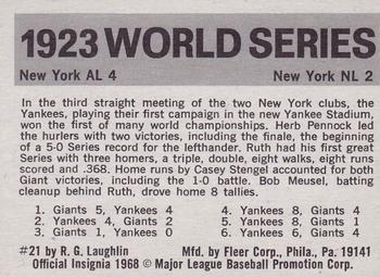 1971 Fleer World Series (Black Backs) #21 1923 - Giants vs. Yankees - Herb Pennock Back