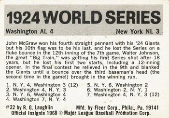 1971 Fleer World Series (Black Backs) #22 1924 - Senators vs. Giants - Walter Johnson Back