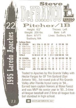 1995 Multi-Ad Laredo Apaches #13 Steve DeFranco Back
