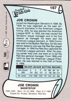 1989 Pacific Legends II #167 Joe Cronin Back