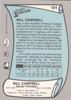 1989 Pacific Legends II #191 Bill Campbell Back