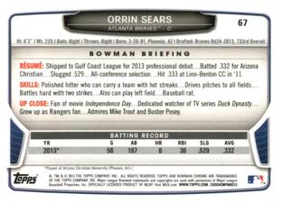 2013 Bowman Chrome Mini #67 Orrin Sears Back
