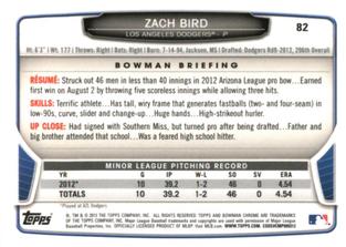 2013 Bowman Chrome Mini #82 Zach Bird Back