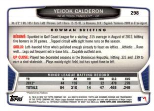 2013 Bowman Chrome Mini #298 Yeicok Calderon Back