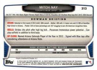 2013 Bowman Chrome Mini #313 Mitch Nay Back