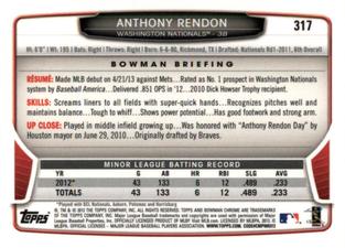 2013 Bowman Chrome Mini #317 Anthony Rendon Back