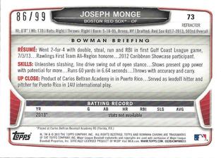 2013 Bowman Chrome Mini - Blue Refractors #73 Joseph Monge Back