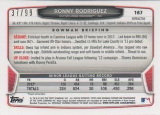 2013 Bowman Chrome Mini - Blue Refractors #167 Ronny Rodriguez Back