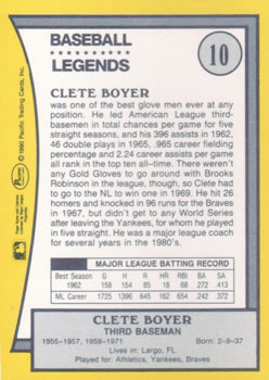 1990 Pacific Legends #10 Clete Boyer Back