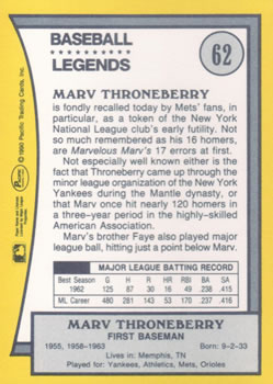1990 Pacific Legends #62 Marv Throneberry Back
