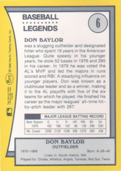 1990 Pacific Legends #6 Don Baylor Back