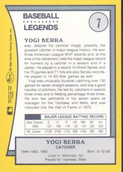 1990 Pacific Legends #7 Yogi Berra Back