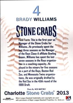 2013 Grandstand Charlotte Stone Crabs #32 Brady Williams Back